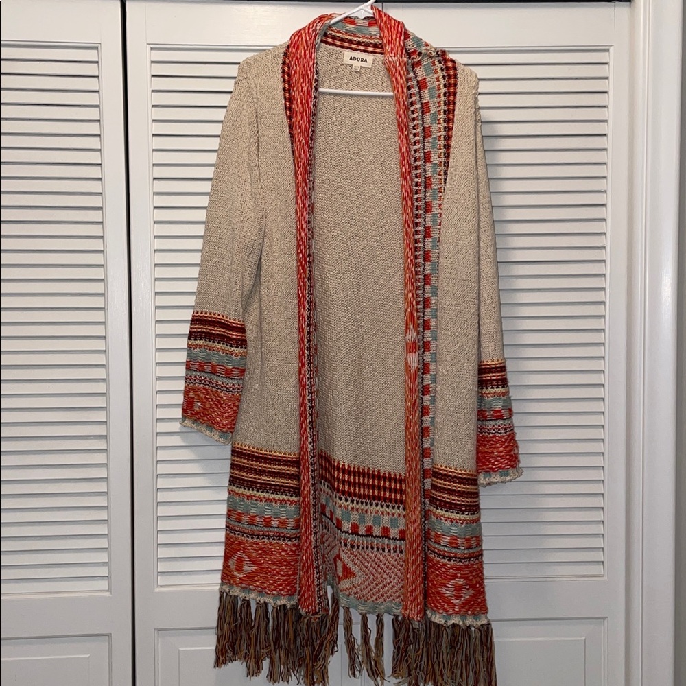 ADORA Beige and Red Patterned Cardigan, 1X/2X